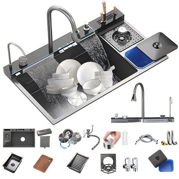 Aodveizu Waterfall Kitchen Sink Stainless Steel Countertop Single Bowl